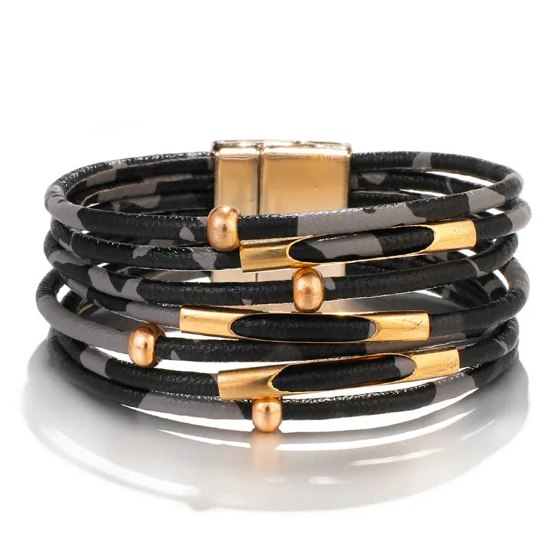 Leopard Leather Wrap Bracelet - Multilayer Metal Tube Charm