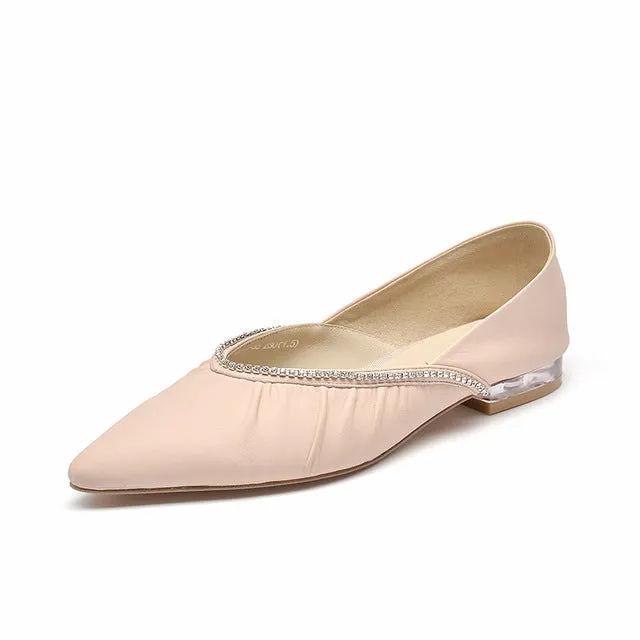 Loafers Women Sheepskin Genuine Leather Crystal Decorated Pointed Toe Ladies Slip On Flat Shoes Handmade