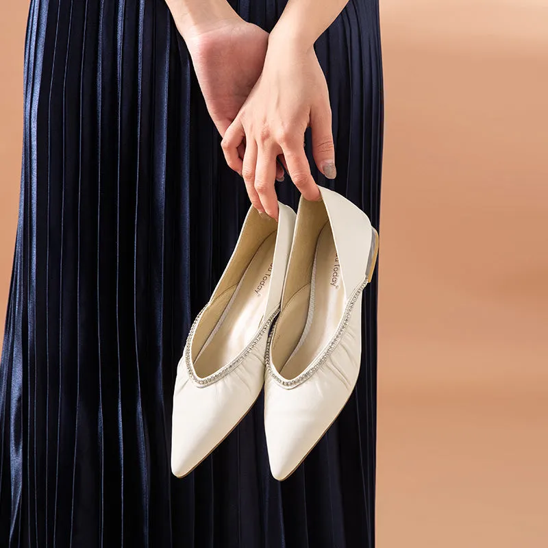 Loafers Women Sheepskin Genuine Leather Crystal Decorated Pointed Toe Ladies Slip On Flat Shoes Handmade