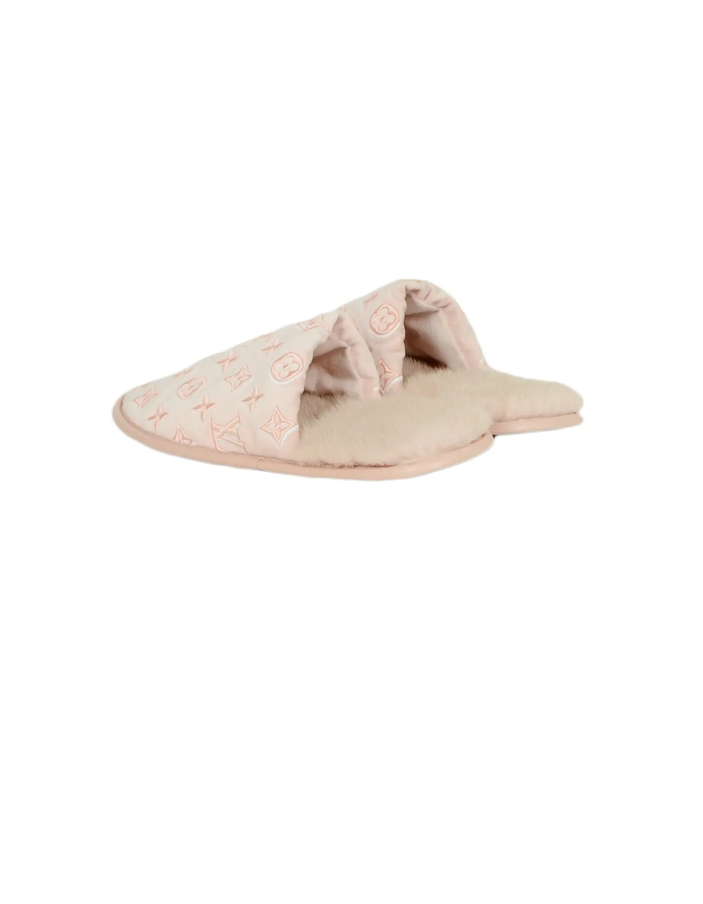Louis Vuitton Pink Monogram Velvet/Mink Fur Suite Open Back Flat Loafer Slipper sz 39-40