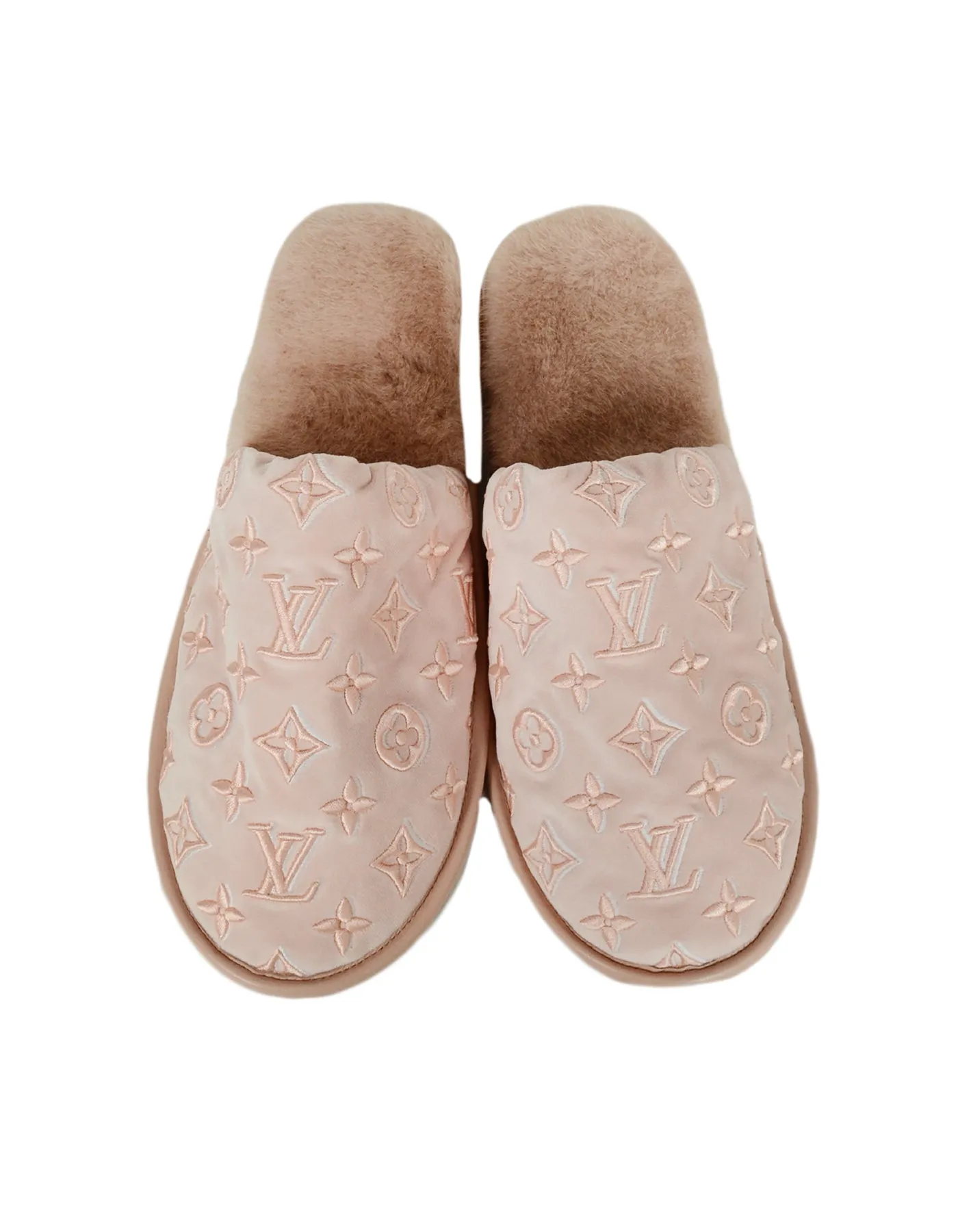 Louis Vuitton Pink Monogram Velvet/Mink Fur Suite Open Back Flat Loafer Slipper sz 39-40