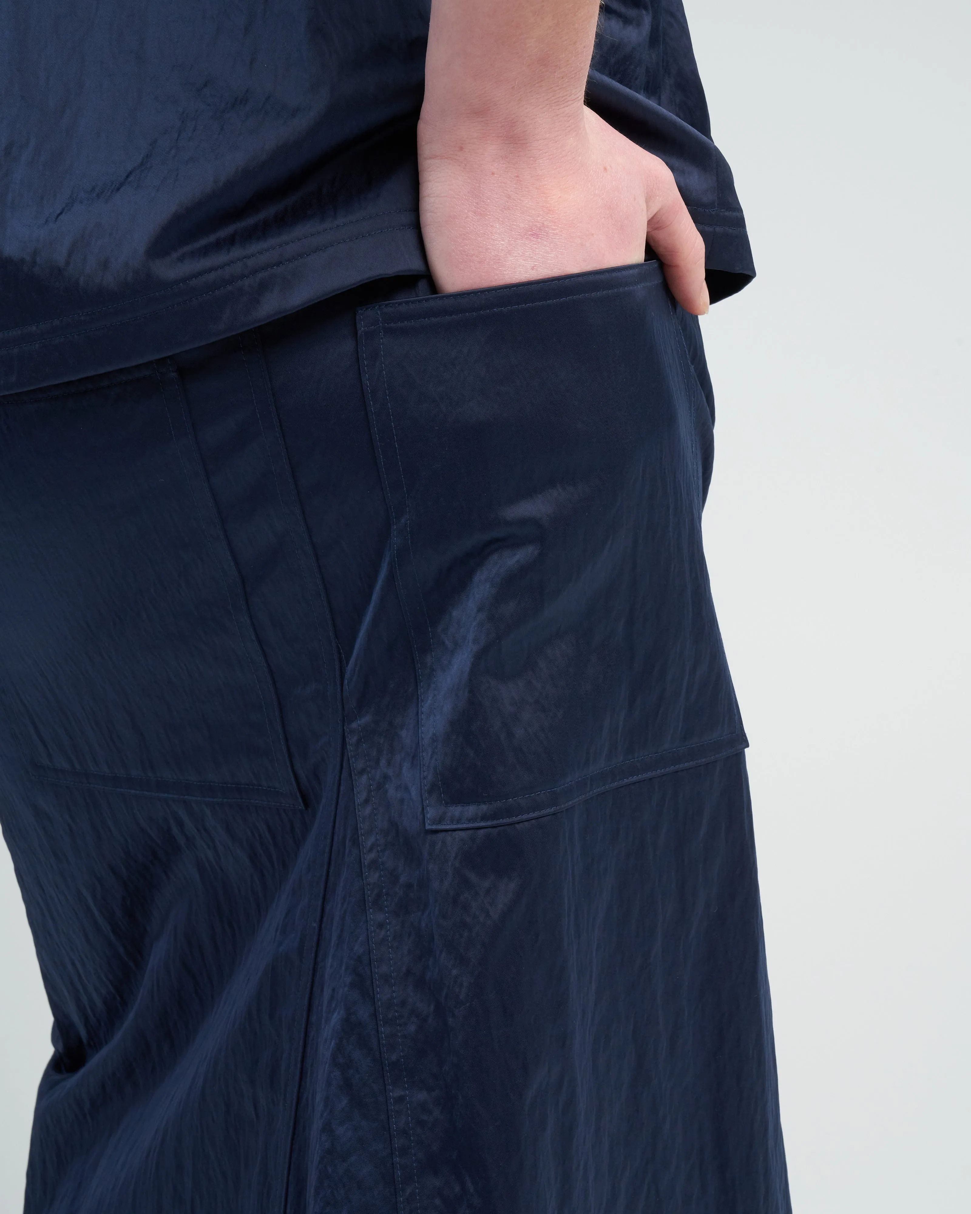 luxe eco satin godet midi skirt - navy