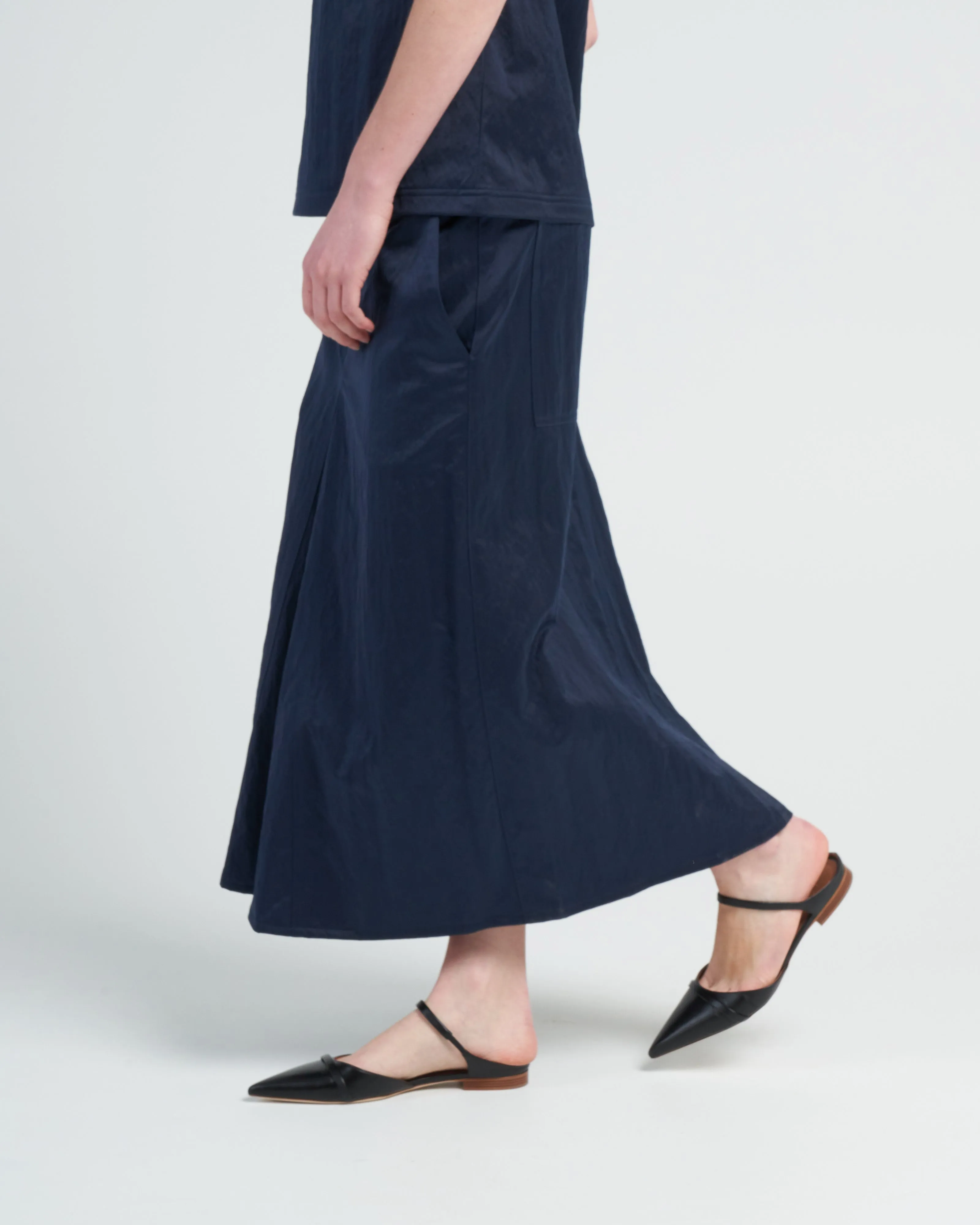 luxe eco satin godet midi skirt - navy