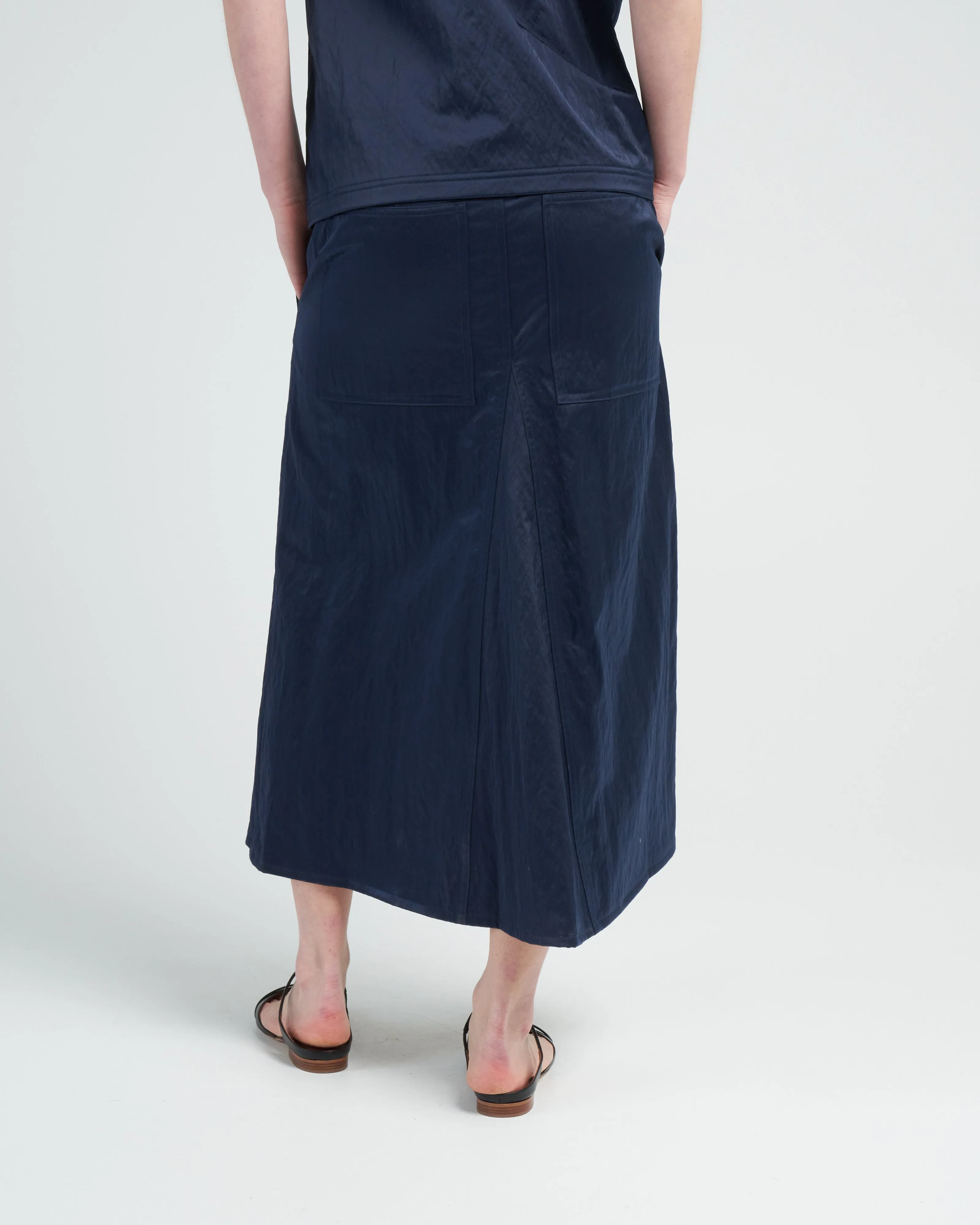luxe eco satin godet midi skirt - navy