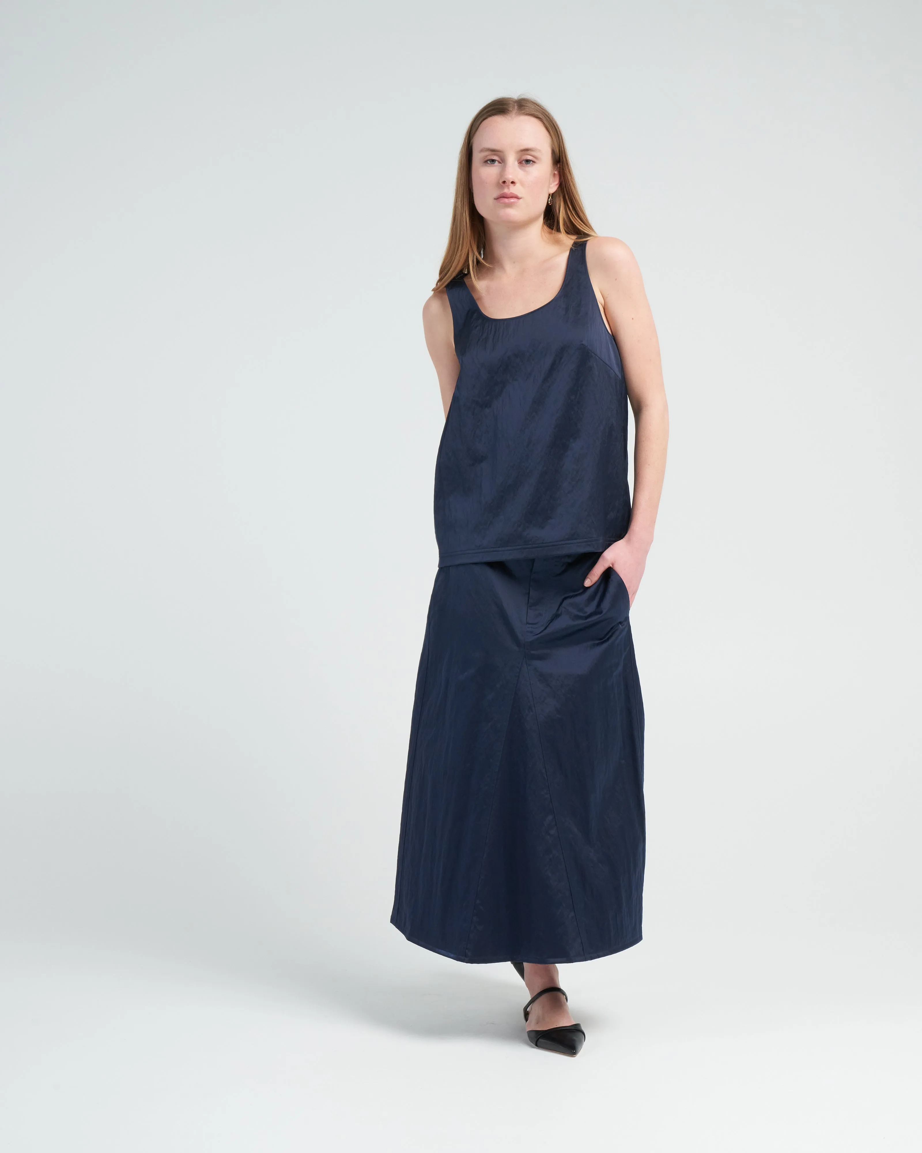 luxe eco satin godet midi skirt - navy