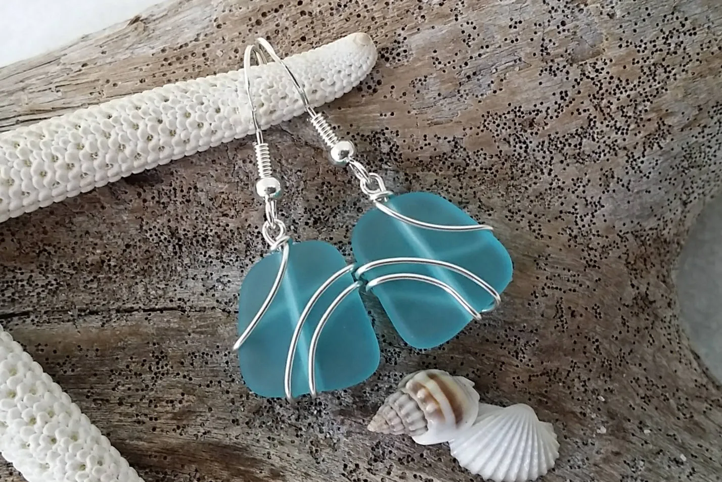Made in Hawaii, Wire wrapped blue sea glass earrings,  Sea glass beach jewelry