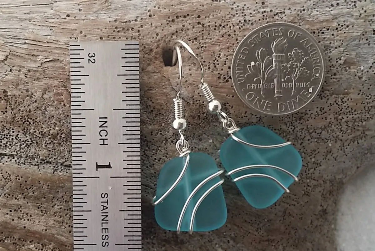Made in Hawaii, Wire wrapped blue sea glass earrings,  Sea glass beach jewelry