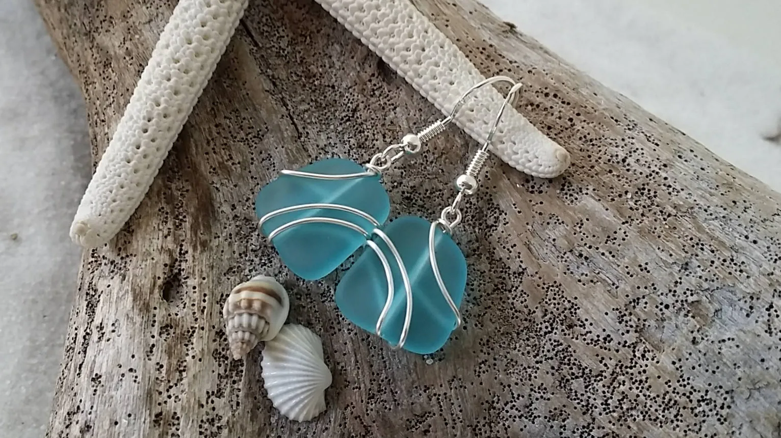 Made in Hawaii, Wire wrapped blue sea glass earrings,  Sea glass beach jewelry