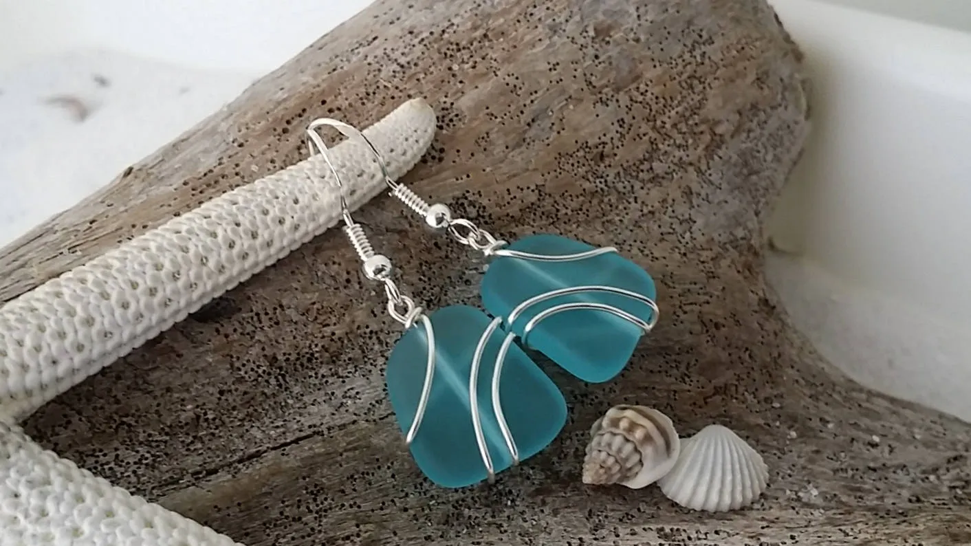 Made in Hawaii, Wire wrapped blue sea glass earrings,  Sea glass beach jewelry