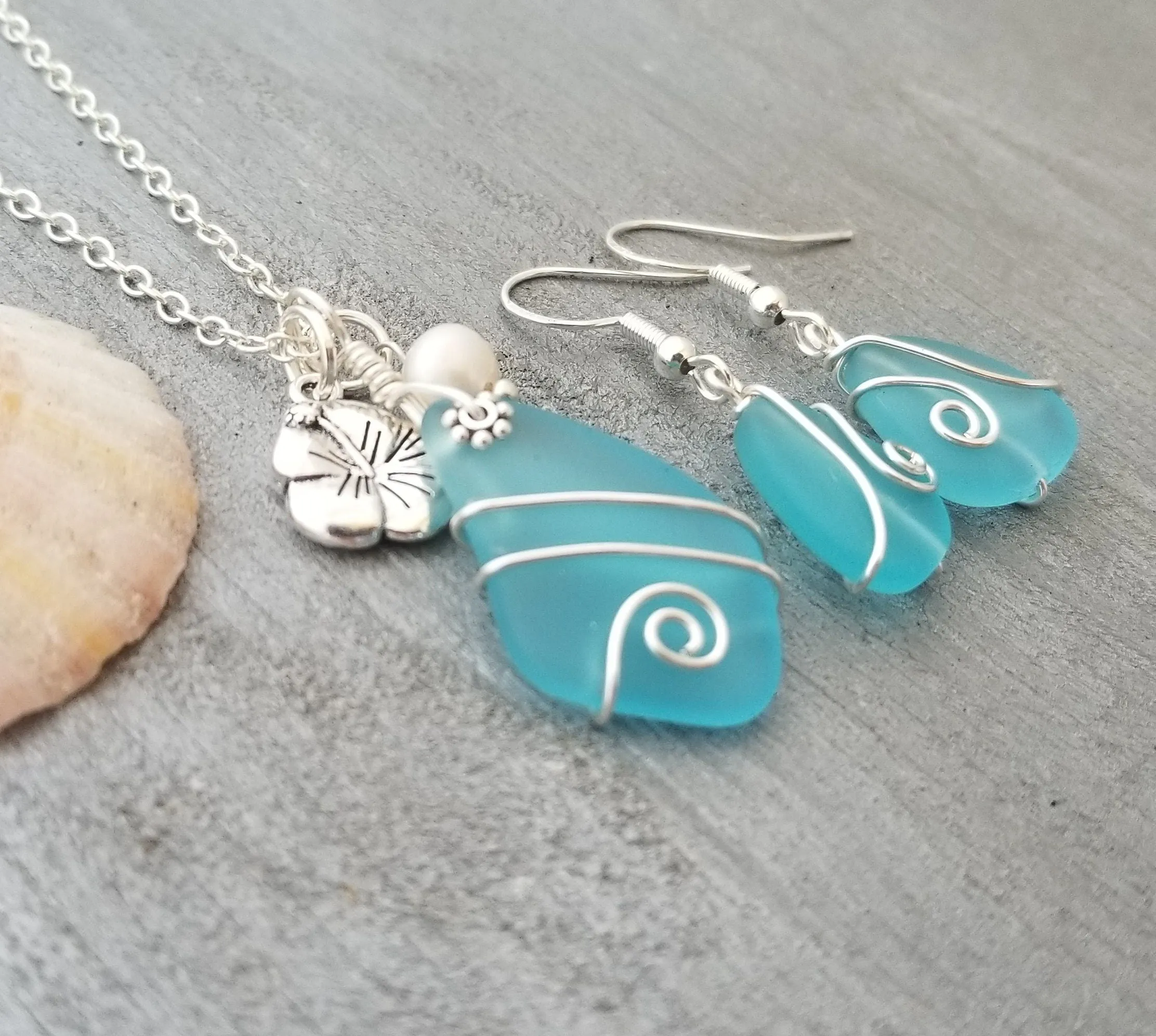 Made in Hawaii, Wire wrapped blue sea glass necklace   earrings jewelry set, Hibiscus charm and Natural Pearl, Birthday Gifts
