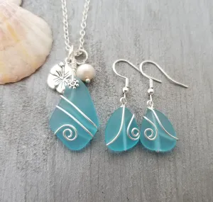 Made in Hawaii, Wire wrapped blue sea glass necklace   earrings jewelry set, Hibiscus charm and Natural Pearl, Birthday Gifts