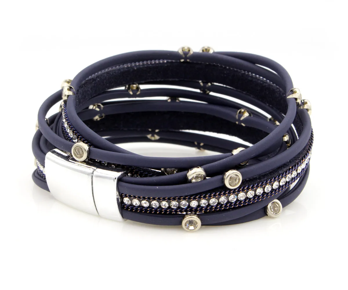 Matte Navy Bezel Rhinestone Double Wrap Bracelet