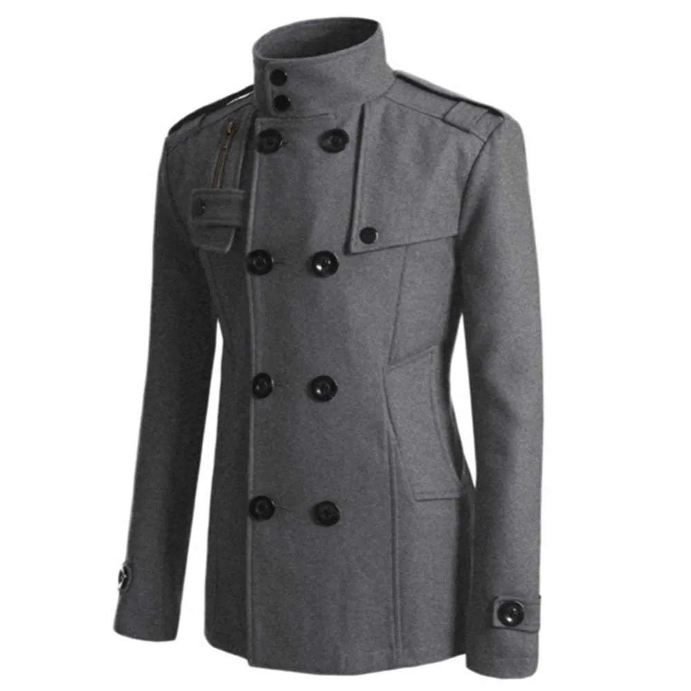 Men Winter Trench Peacoat - Dark Gray _L