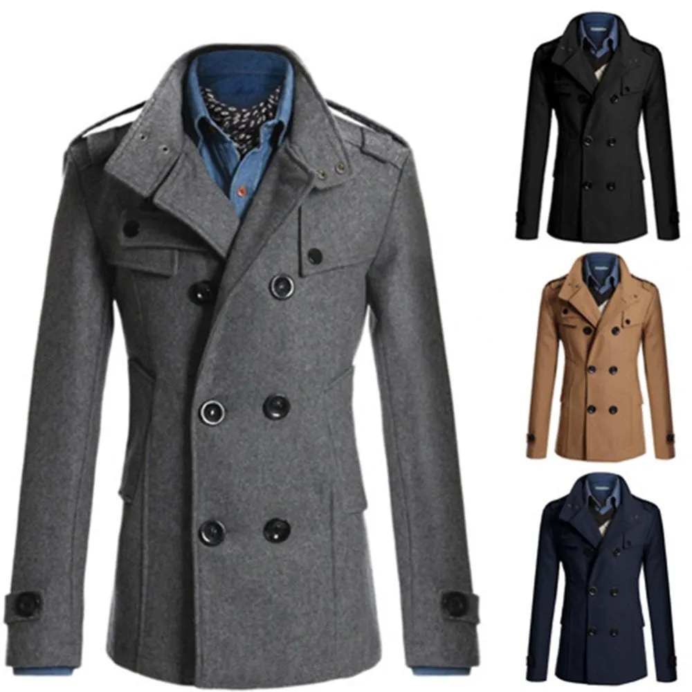 Men Winter Trench Peacoat - Dark Gray M