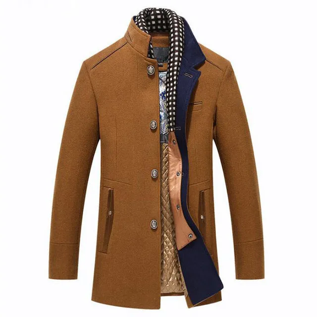 Mens Overcoat Winter Casual Thick Wool Coat Men Stand Collar Woolen Coats With Detachable Scarf Parka Casaco Masculinos Peacoat