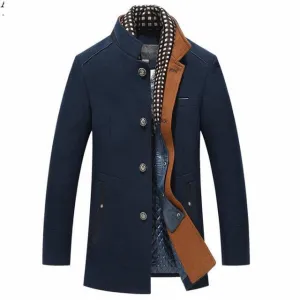 Mens Overcoat Winter Casual Thick Wool Coat Men Stand Collar Woolen Coats With Detachable Scarf Parka Casaco Masculinos Peacoat