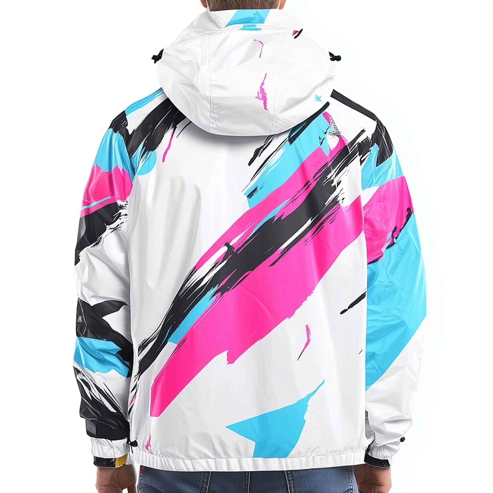 Mens Windbreaker Jackets Whtie Contrast Lightweight Rain Protection Waterproof Nylon Hooded Windbreaker Jackets