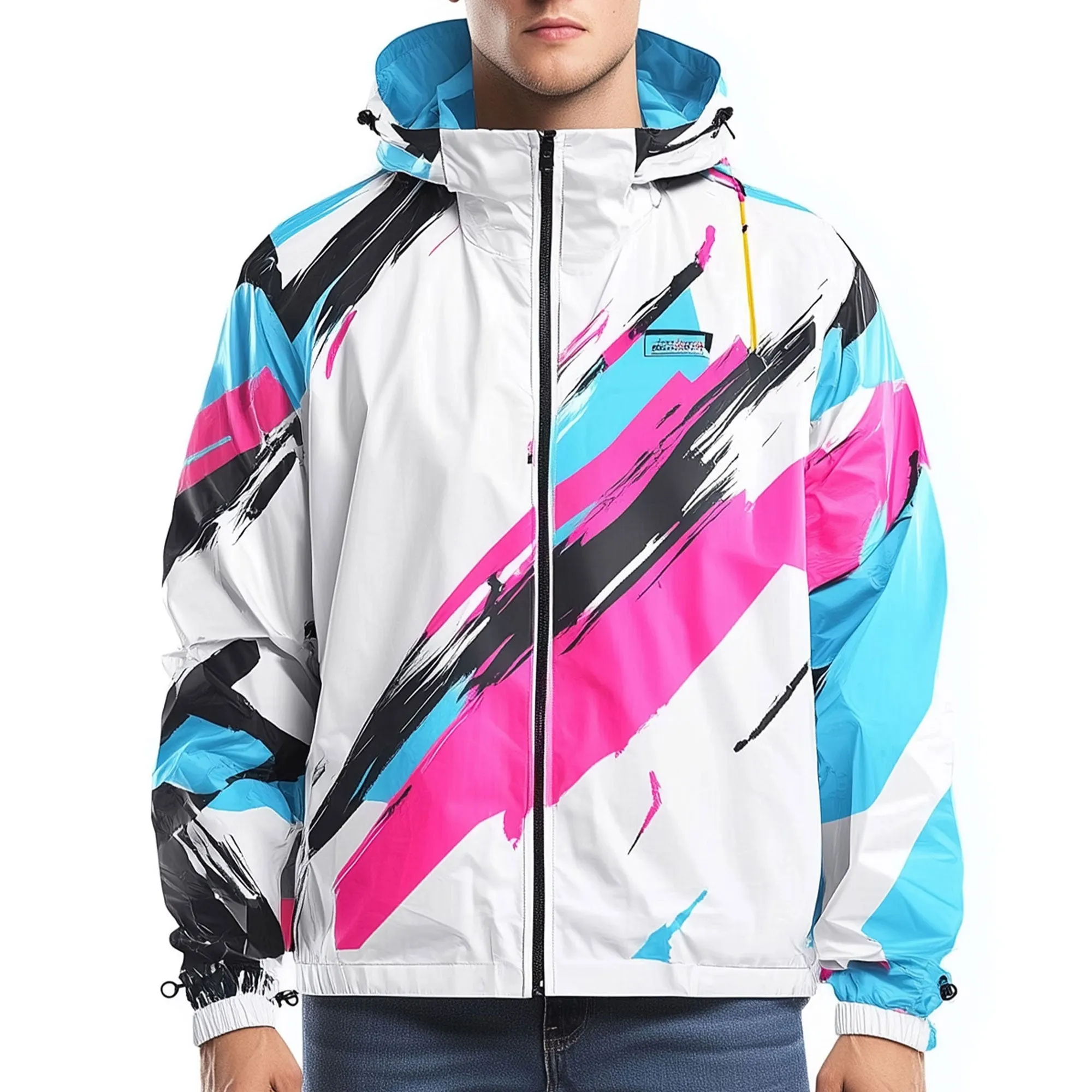 Mens Windbreaker Jackets Whtie Contrast Lightweight Rain Protection Waterproof Nylon Hooded Windbreaker Jackets