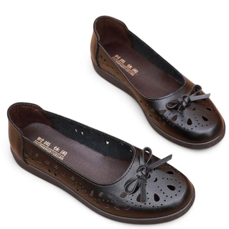 Merendy Semplicità Round Toe Slip-On Leather Black Ballerina Shoes with Burgundy Ballet Flats