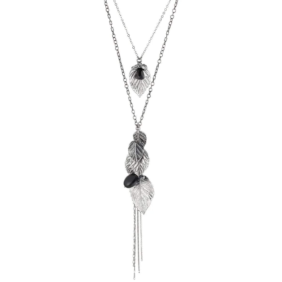 METAL LEAF AND BLACK STONE TASSEEL  NECKLACES #151BK1401 (5F9)