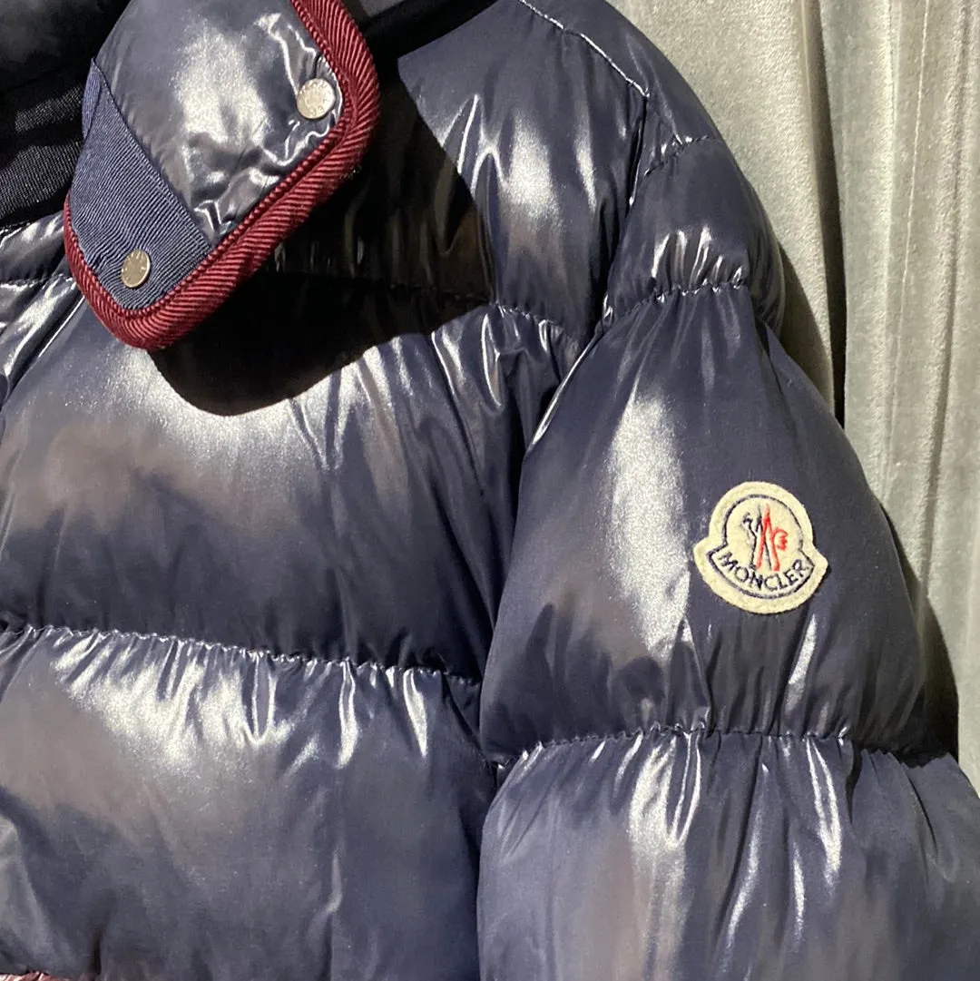 Moncler Navy and Burgundy Hooded Puffer Coat