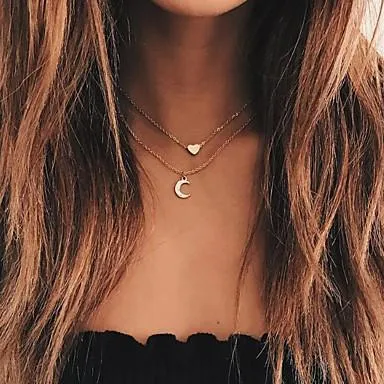 Moon and Heart Two Layer Necklace with Crystal Crescent Moon Pendant