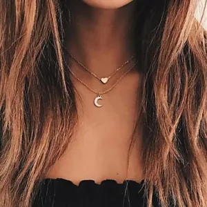 Moon and Heart Two Layer Necklace with Crystal Crescent Moon Pendant