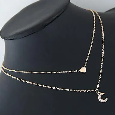 Moon and Heart Two Layer Necklace with Crystal Crescent Moon Pendant