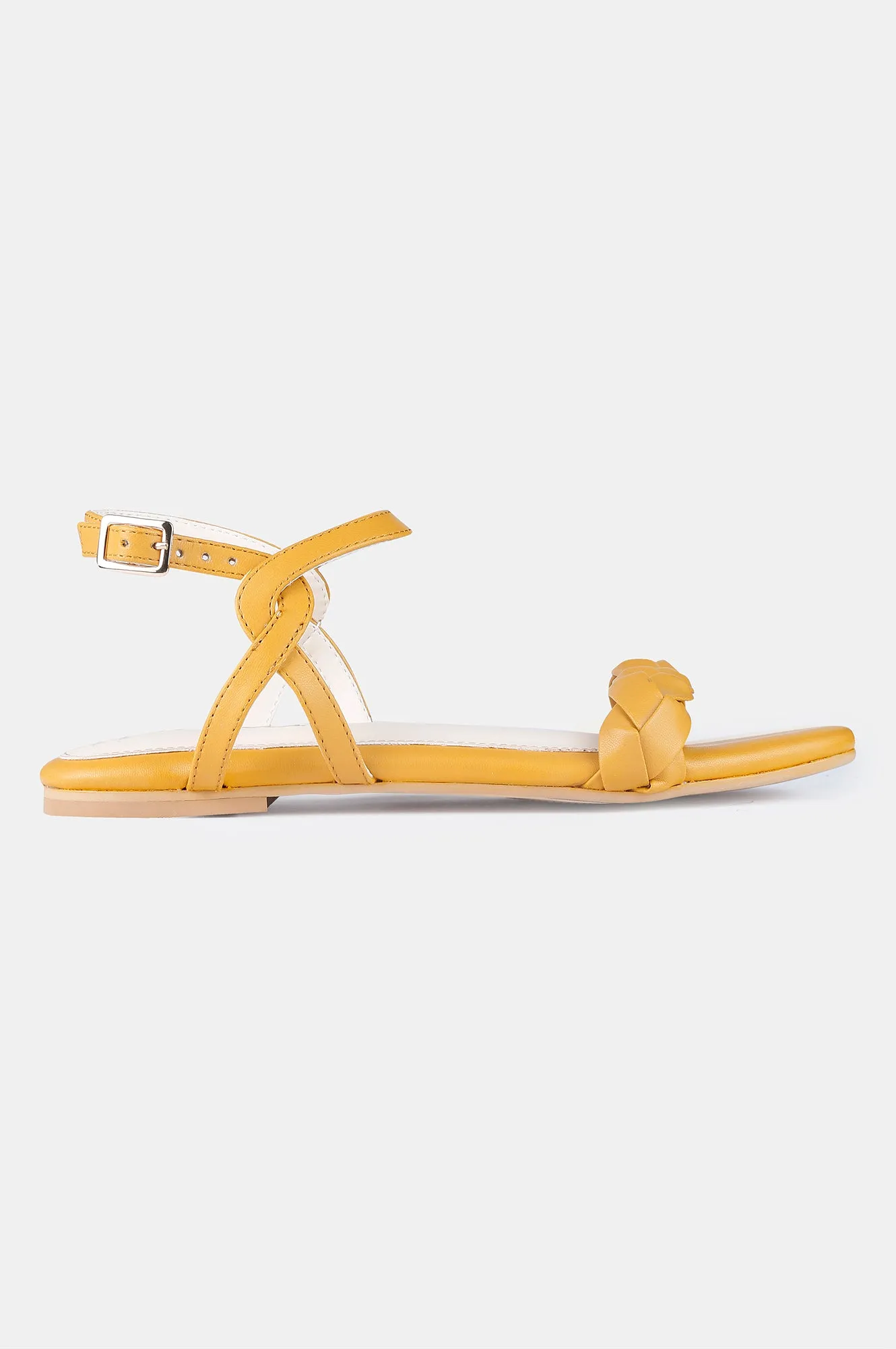 Mustard Square Toe Woven Design Flat - Zjanice