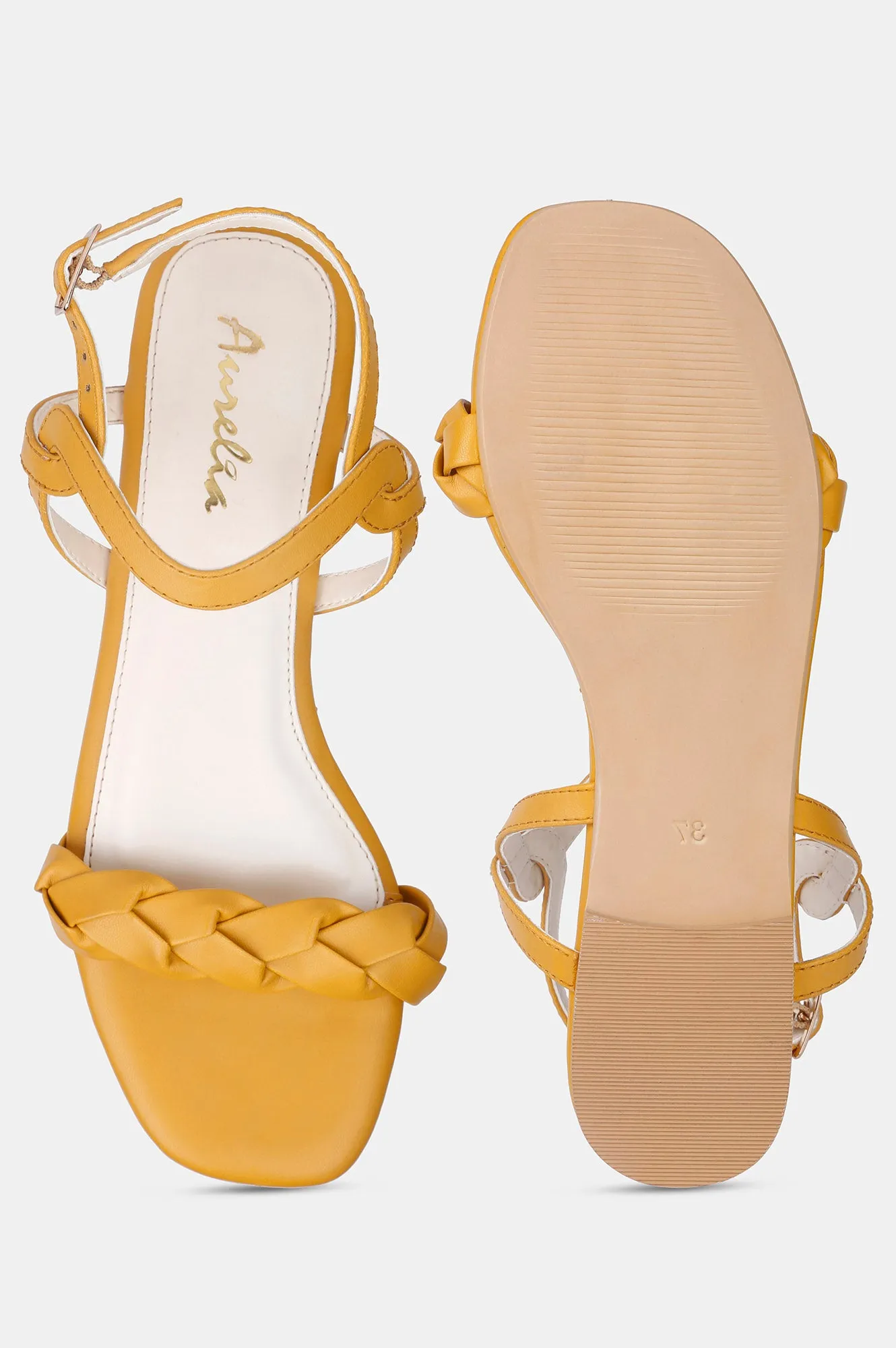 Mustard Square Toe Woven Design Flat - Zjanice
