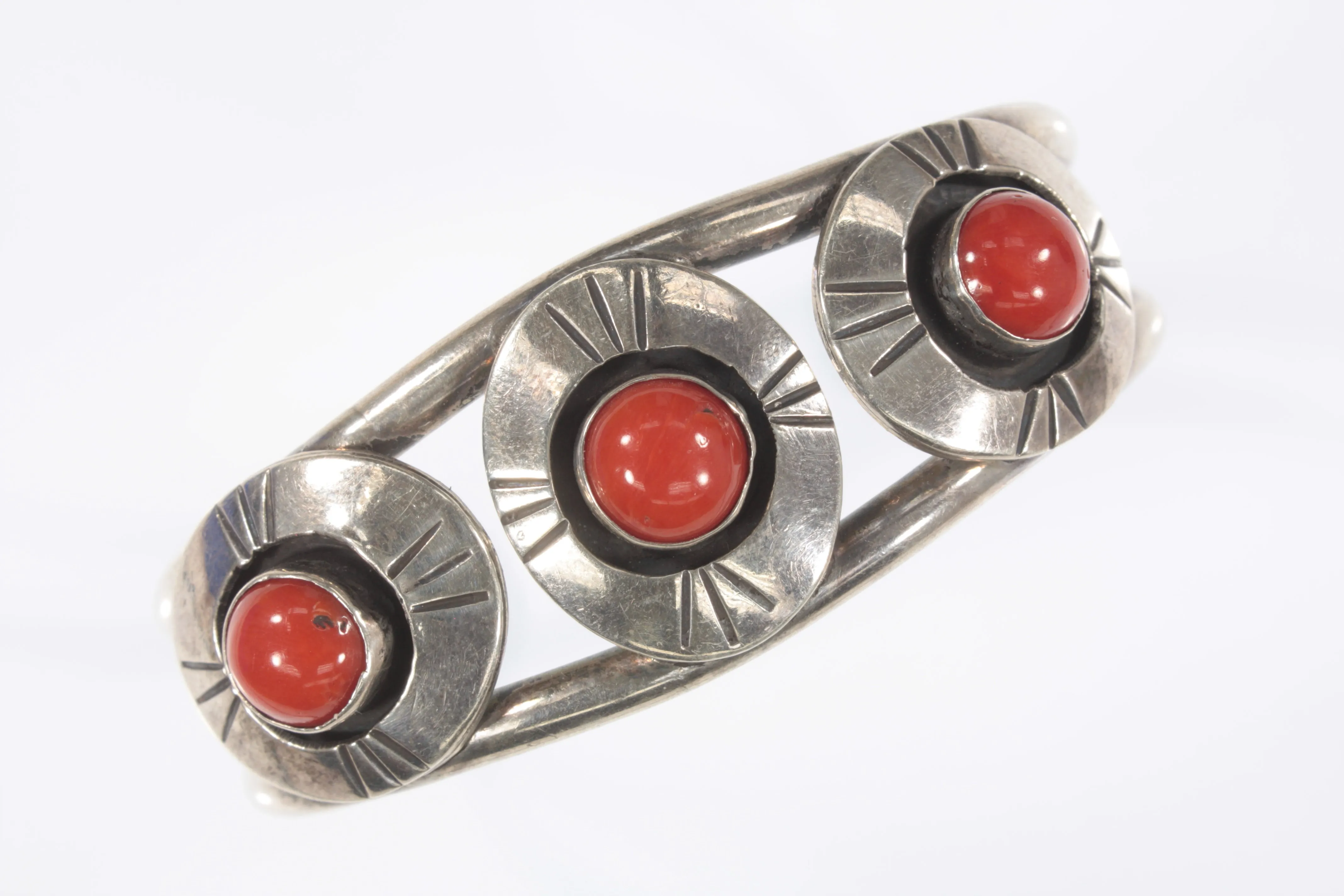 Navajo Sterling Silver Red Coral Cuff Bracelet Gorgeous!
