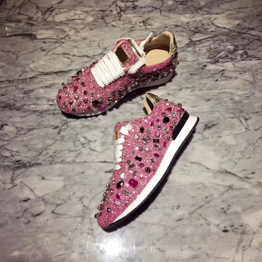 New Luxury Rhinestones Sneakers Lace Up Flat Shoes Woman Bling Mixed Color Crystal Paillette Cozy Women Casual Shoes