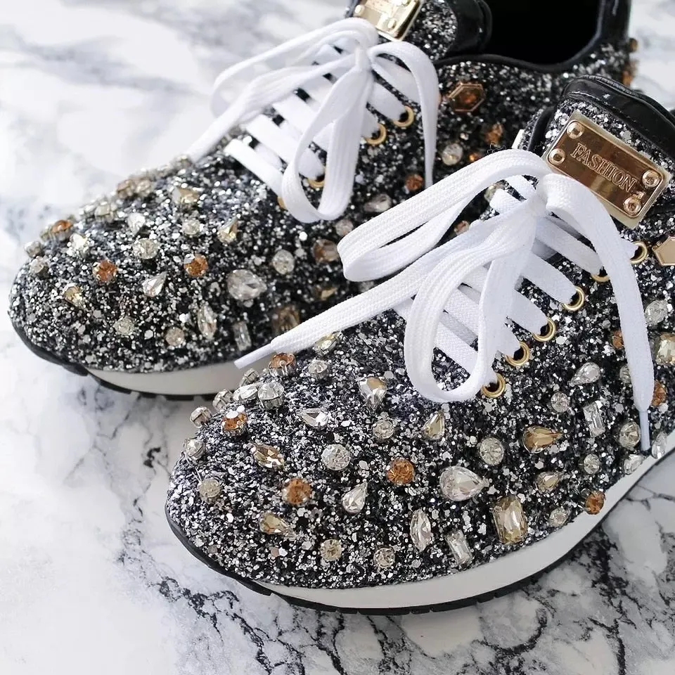 New Luxury Rhinestones Sneakers Lace Up Flat Shoes Woman Bling Mixed Color Crystal Paillette Cozy Women Casual Shoes