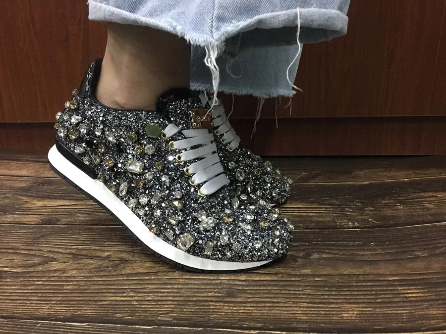 New Luxury Rhinestones Sneakers Lace Up Flat Shoes Woman Bling Mixed Color Crystal Paillette Cozy Women Casual Shoes