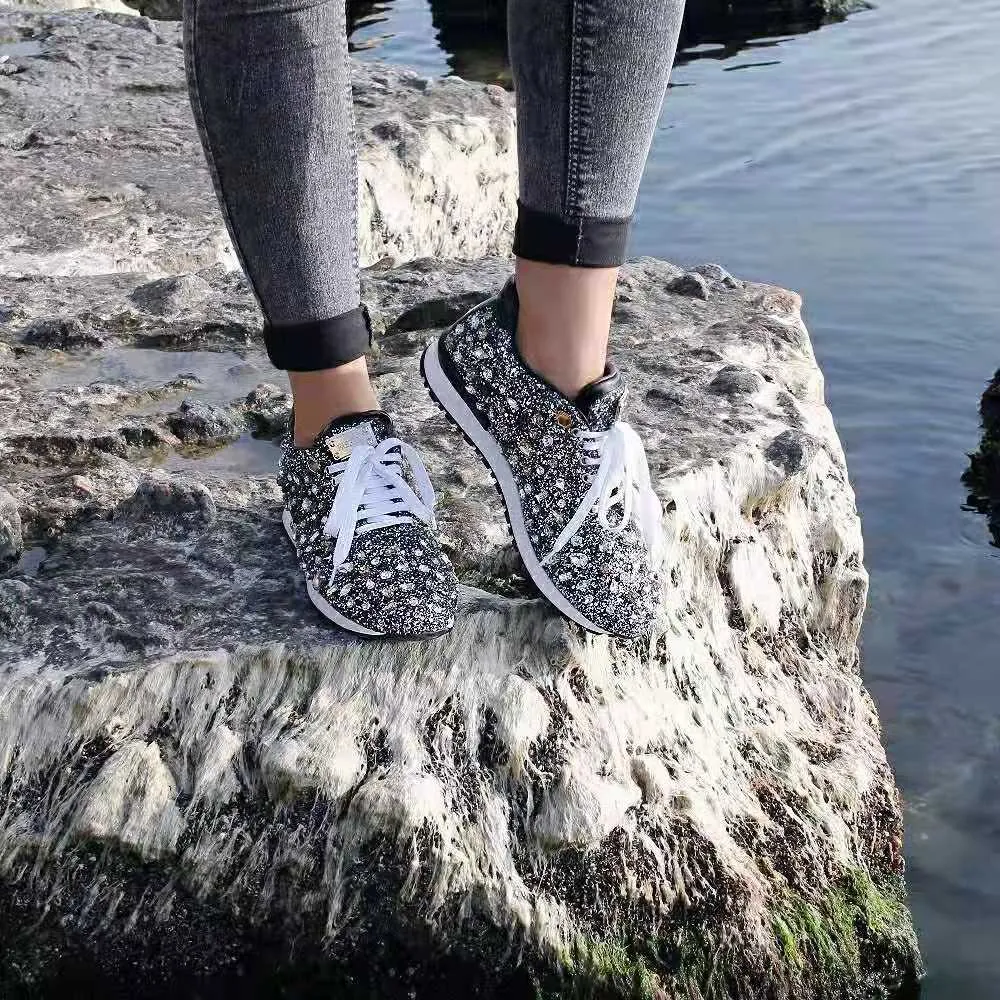 New Luxury Rhinestones Sneakers Lace Up Flat Shoes Woman Bling Mixed Color Crystal Paillette Cozy Women Casual Shoes