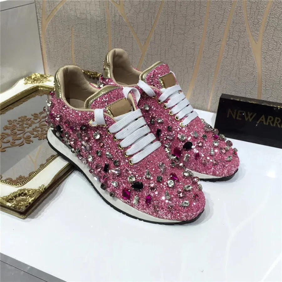 New Luxury Rhinestones Sneakers Lace Up Flat Shoes Woman Bling Mixed Color Crystal Paillette Cozy Women Casual Shoes