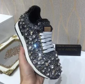 New Luxury Rhinestones Sneakers Lace Up Flat Shoes Woman Bling Mixed Color Crystal Paillette Cozy Women Casual Shoes