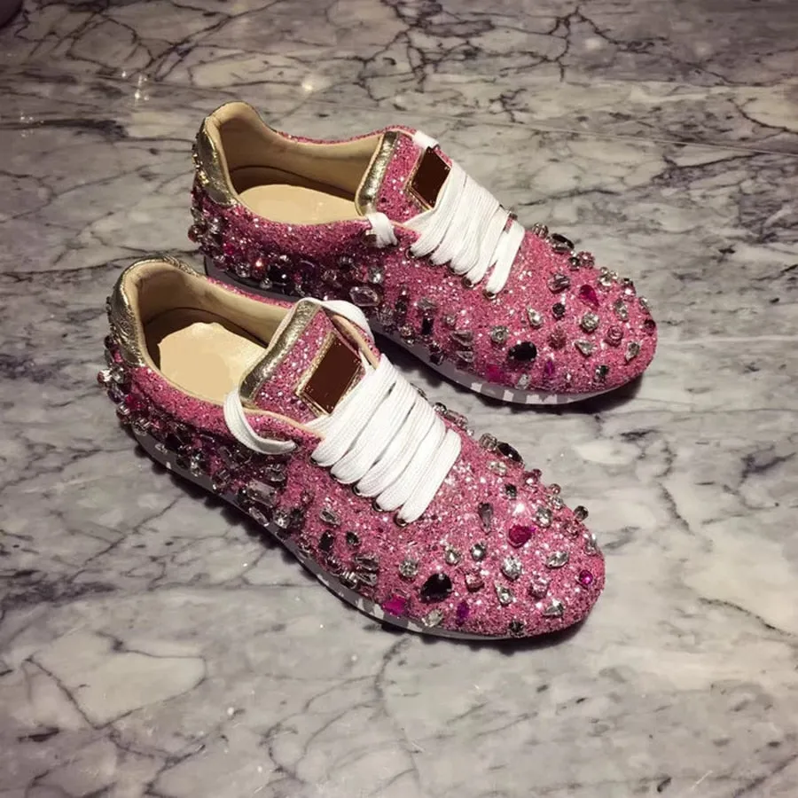 New Luxury Rhinestones Sneakers Lace Up Flat Shoes Woman Bling Mixed Color Crystal Paillette Cozy Women Casual Shoes
