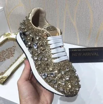 New Luxury Rhinestones Sneakers Lace Up Flat Shoes Woman Bling Mixed Color Crystal Paillette Cozy Women Casual Shoes