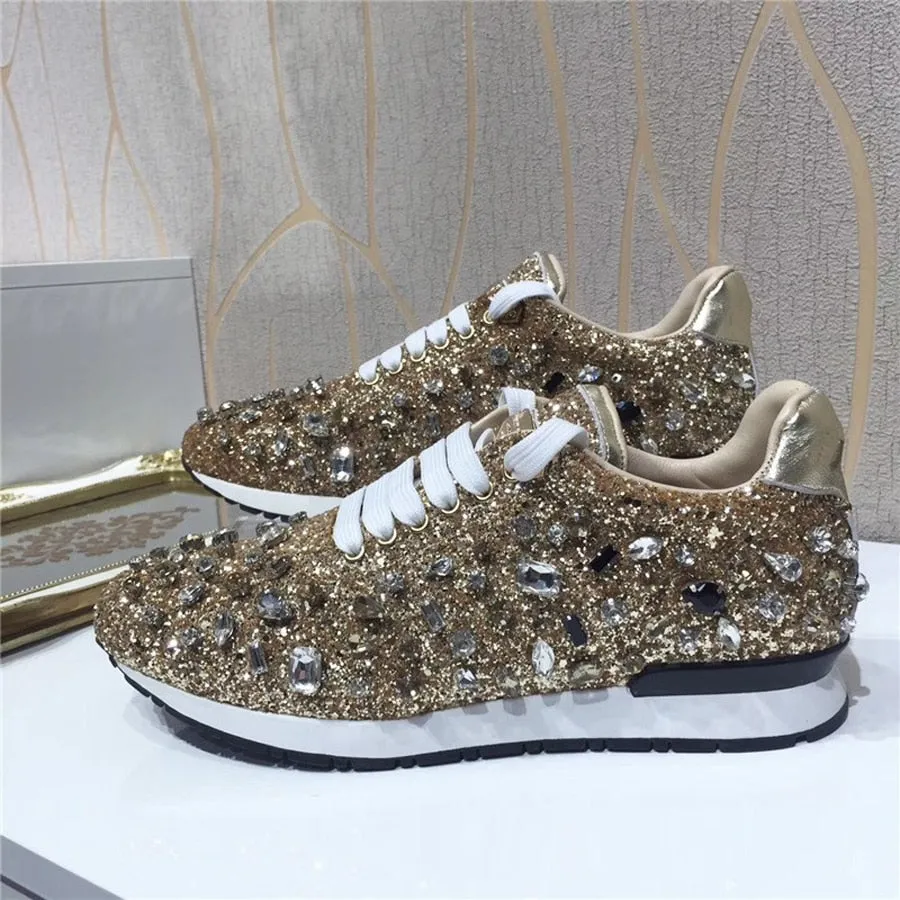 New Luxury Rhinestones Sneakers Lace Up Flat Shoes Woman Bling Mixed Color Crystal Paillette Cozy Women Casual Shoes