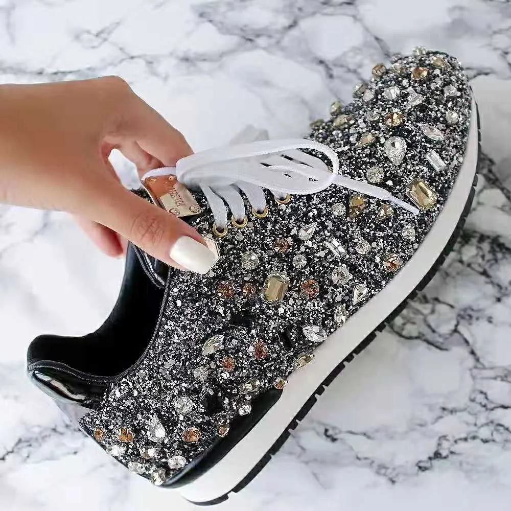 New Luxury Rhinestones Sneakers Lace Up Flat Shoes Woman Bling Mixed Color Crystal Paillette Cozy Women Casual Shoes