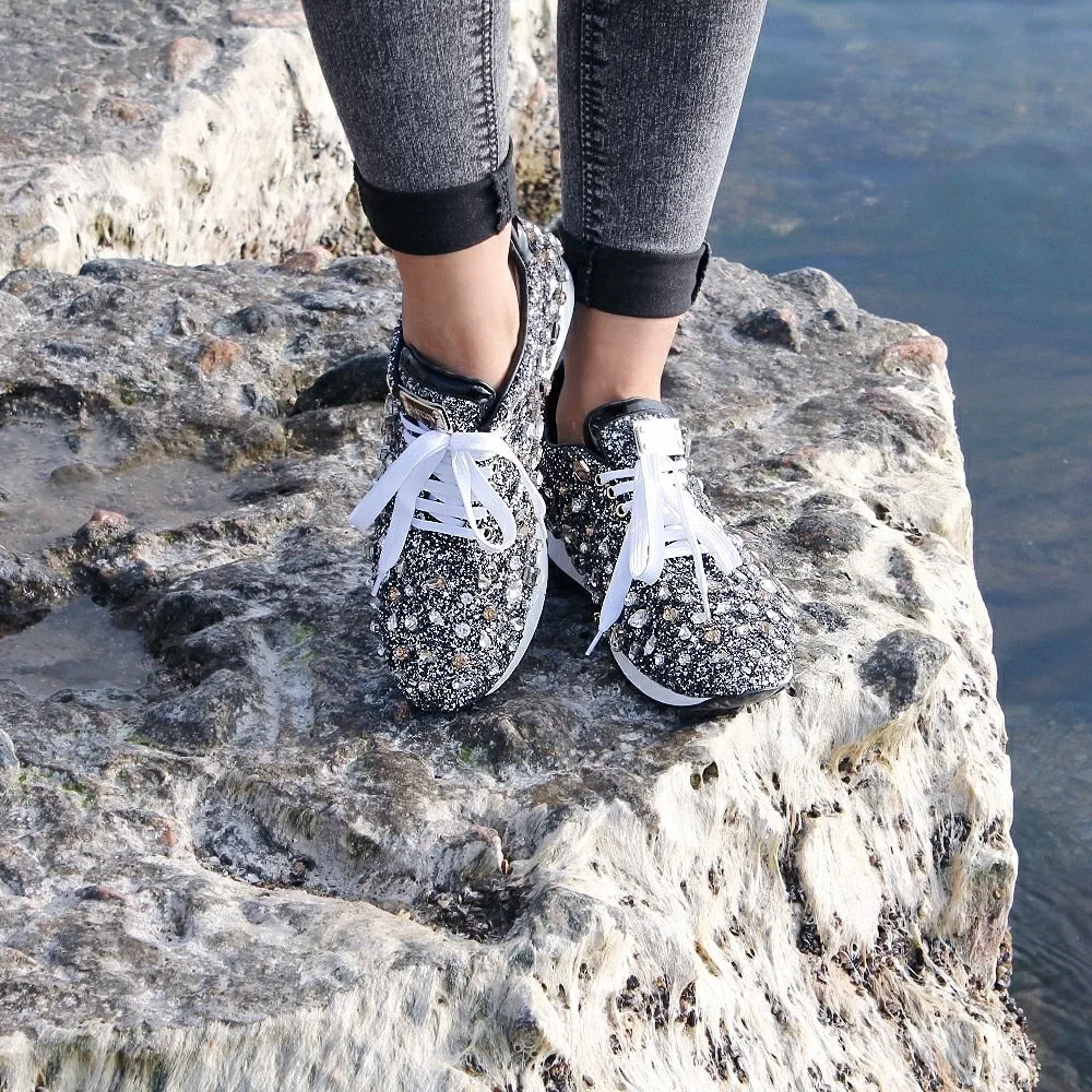 New Luxury Rhinestones Sneakers Lace Up Flat Shoes Woman Bling Mixed Color Crystal Paillette Cozy Women Casual Shoes