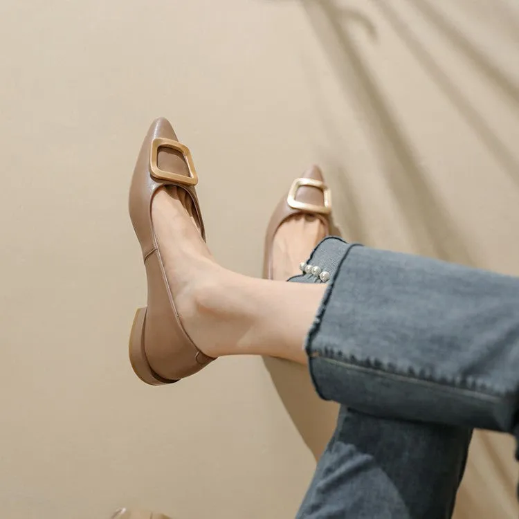 Off-White Coffee Pointed Toe Metal Buckle Flats #001048