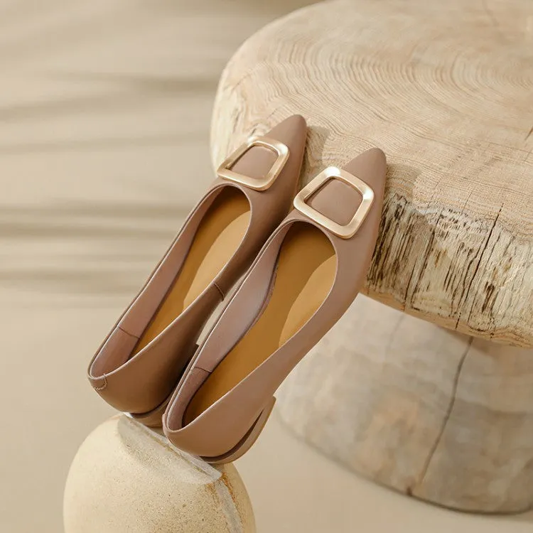 Off-White Coffee Pointed Toe Metal Buckle Flats #001048