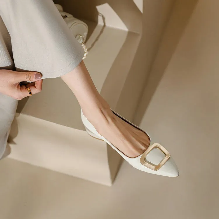 Off-White Coffee Pointed Toe Metal Buckle Flats #001048