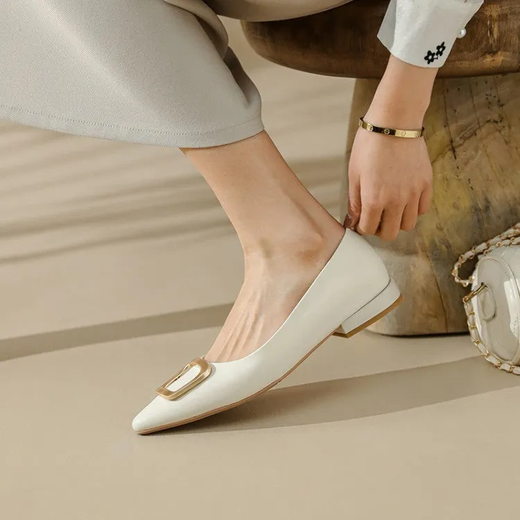 Off-White Coffee Pointed Toe Metal Buckle Flats #001048