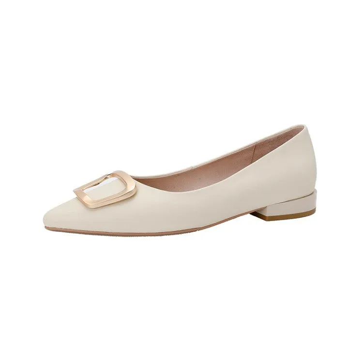 Off-White Coffee Pointed Toe Metal Buckle Flats #001048