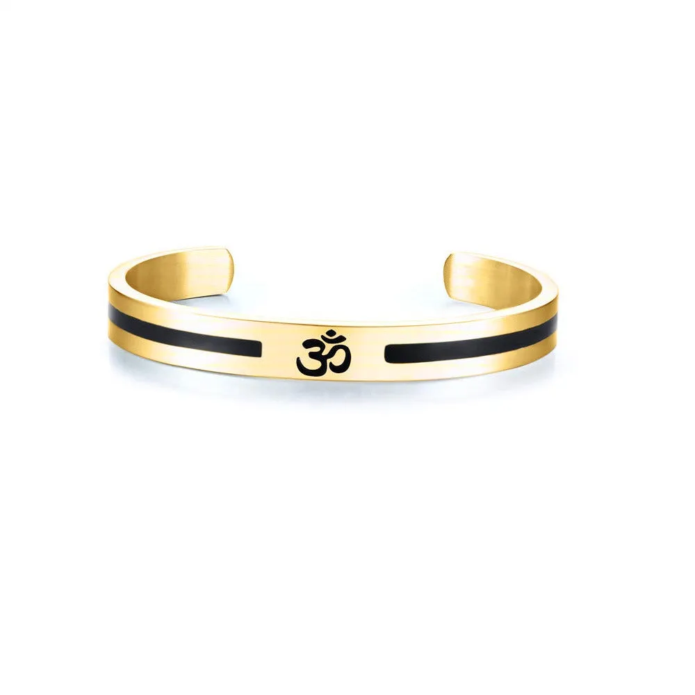 OM Ohm Aum Symbolic Religion Jewelry Stainless Steel Hindu Cuff Bracelets for Men, Half Open Design, Lucky Kada Bangle, Perfect Men's Gift