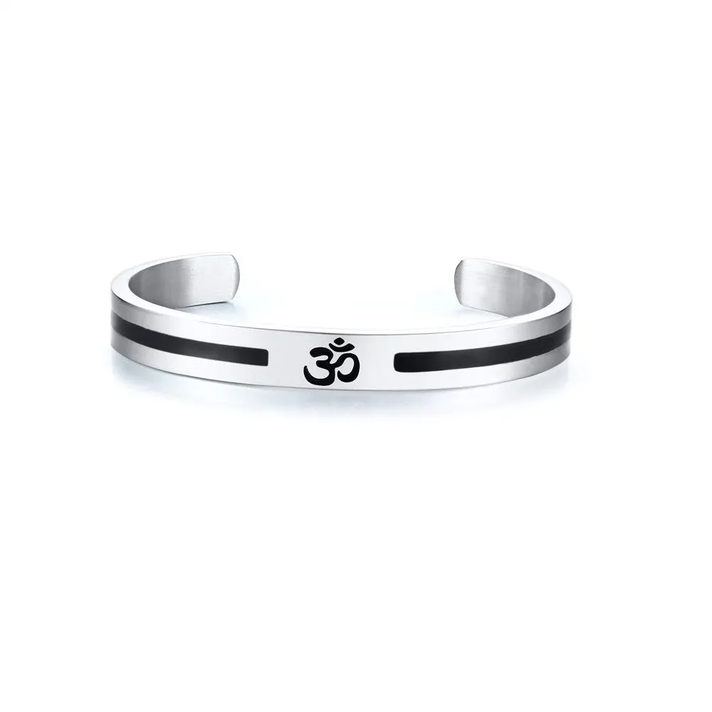 OM Ohm Aum Symbolic Religion Jewelry Stainless Steel Hindu Cuff Bracelets for Men, Half Open Design, Lucky Kada Bangle, Perfect Men's Gift