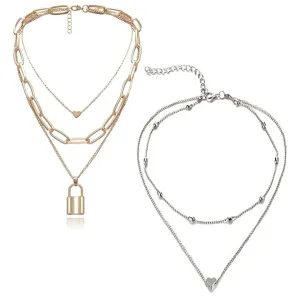 Pack of 2 Gold Silver Layered Heart Lock Heart Pendant